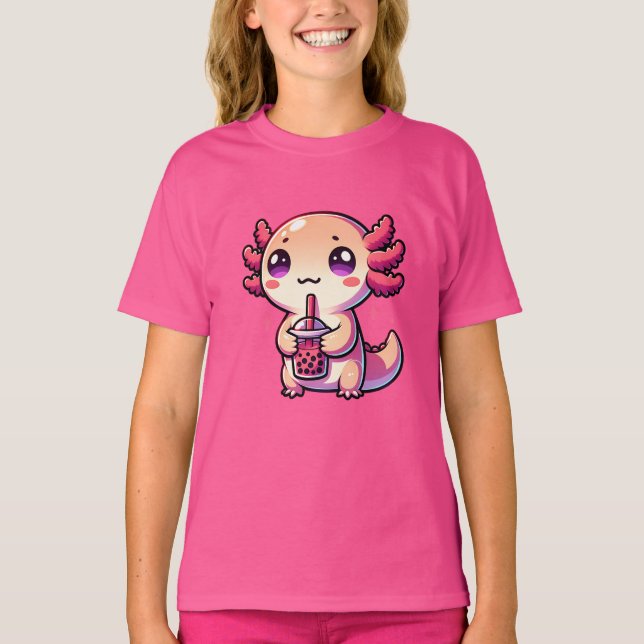 Camiseta Cute Kawaii Axolotl com Chá-Bolha (Frente)
