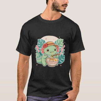 Camiseta Cute Kawaii Axolotl Comendo Macarrão Ramen Escuro