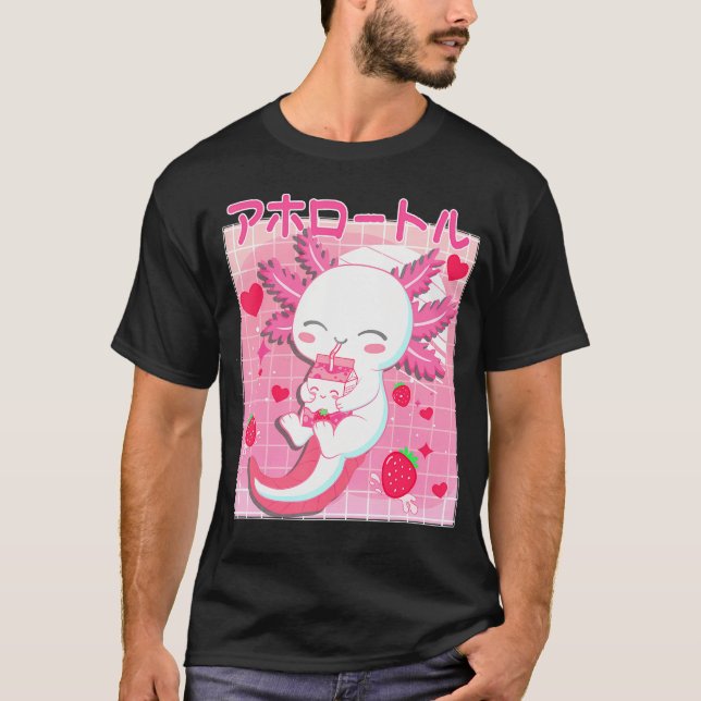 Camiseta Cute Kawaii Axolotl Strawberry Milk Japonês (Frente)