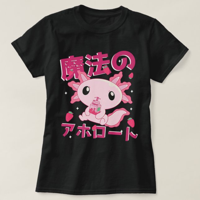 Camiseta Cute Kawaii Axolotl Strawberry Milk Shake Japonês (Frente do Design)