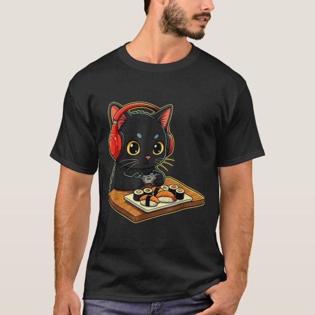 Camiseta Cute Kawaii Black Cat Funny Sushi Retro Japanese C (Frente)