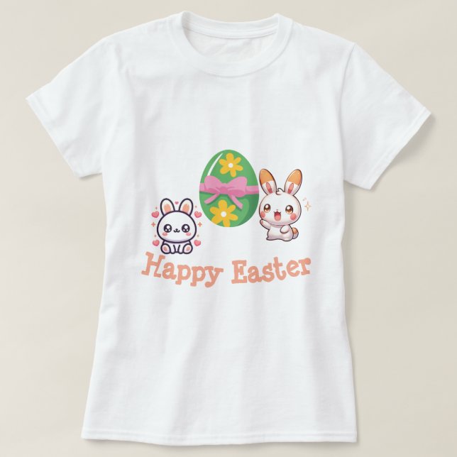 Camiseta Cute Kawaii Bunny Happy Easter (Frente do Design)
