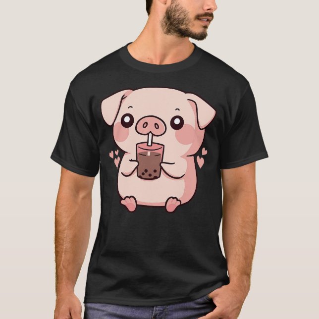 Camiseta Cute kawaii cartoon pig drinking bubble tea (2) (Frente)