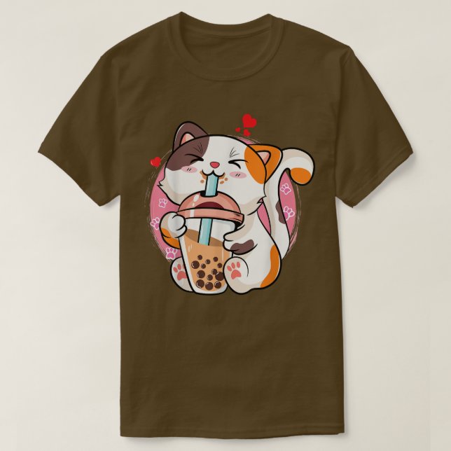 Camiseta Cute Kawaii Cat Boba Bubble Milk Tea Anime Neko Ki (Frente do Design)