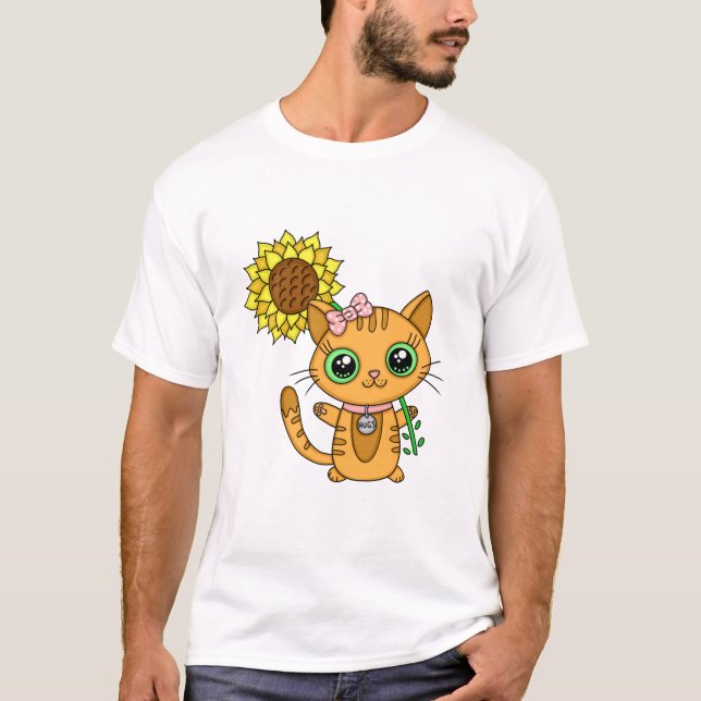 Camiseta Cute Kawaii Cat Holding Flower (Frente)