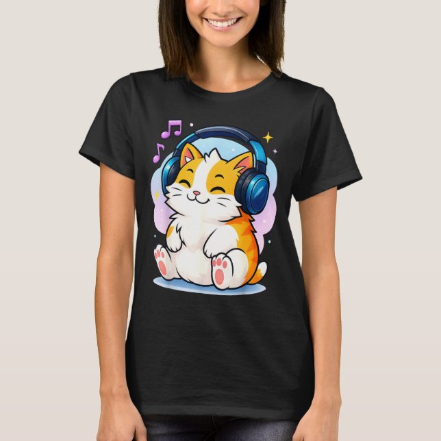 Camiseta Cute Kawaii Cat Neko Funny Music Kitten Lover K-p  (Frente)