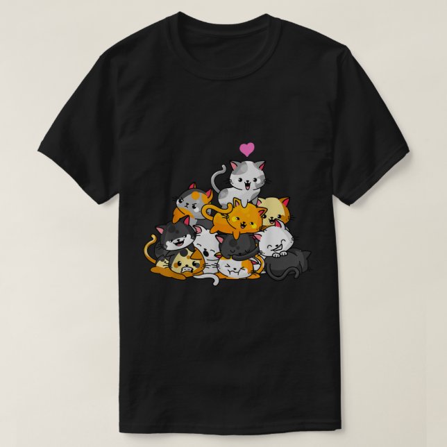 Camiseta Cute Kawaii Cat Pile Cartoon Design (Frente do Design)