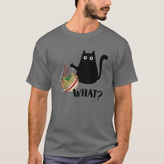 Camiseta Cute Kawaii Cat "What?" Ramen Japanese Food Men, W (Frente)