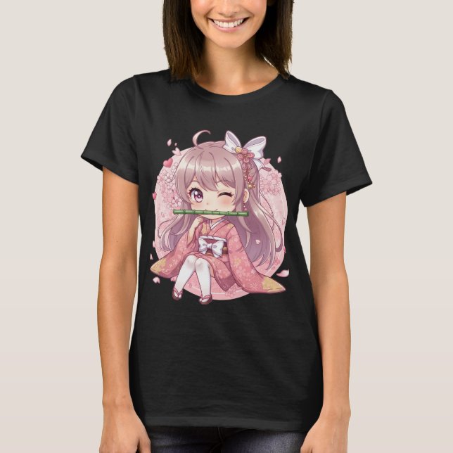 Camiseta Cute Kawaii Chibi Girl in Pink Kimono with Cherry  (Frente)