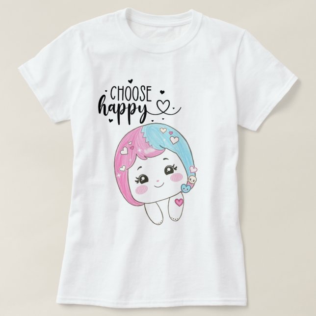 Camiseta Cute Kawaii “Choose Happy”  – Adorable Posi (Frente do Design)