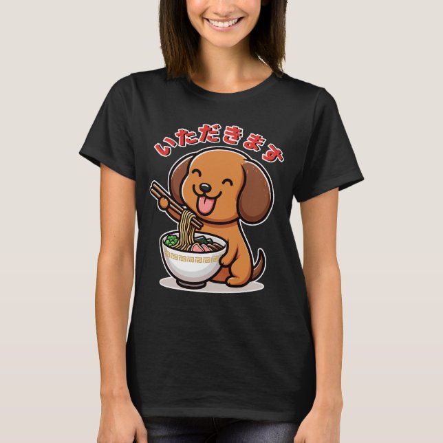 Camiseta Cute Kawaii Dachshund Come Ramen Itadakimasu (Frente)