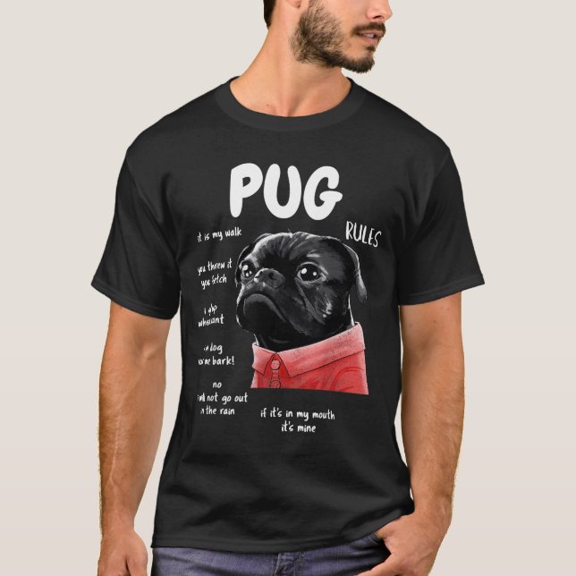Camiseta Cute Kawaii Funny Black Pug Dog Rules Men Women Ki (Frente)