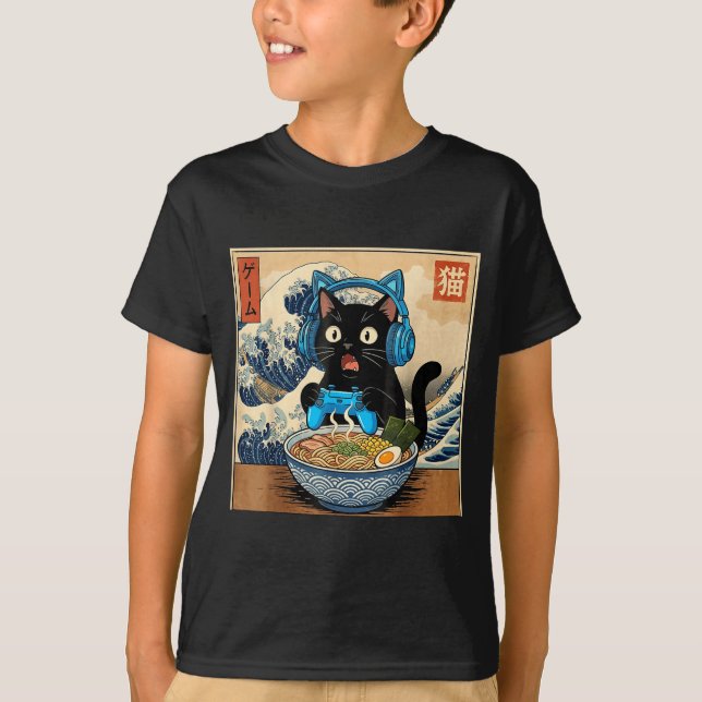 Camiseta Cute Kawaii Gamer Cat Funny Ramen Japanese Cat Gam (Frente)