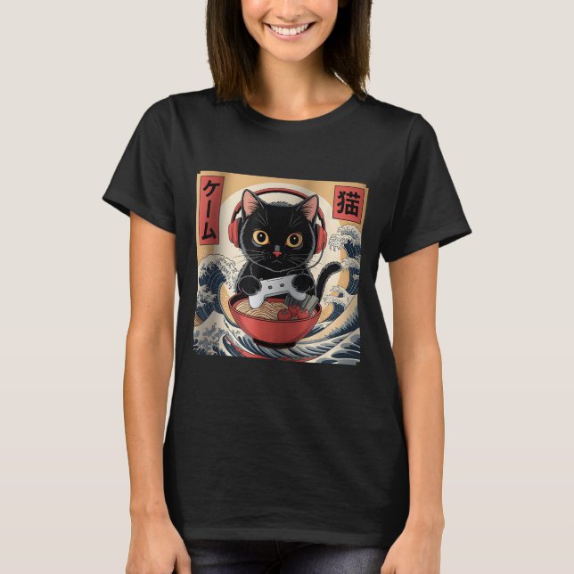 Camiseta Cute Kawaii Gamer Cat Funny Ramen Retro Japanese C (Frente)