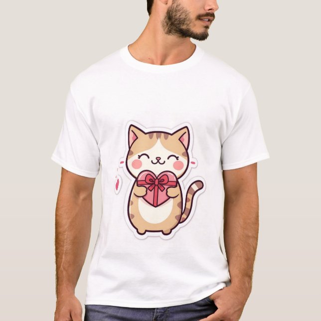Camiseta Cute Kawaii Ginger Cat Holding Heart Gift Box  ✨💖 (Frente)
