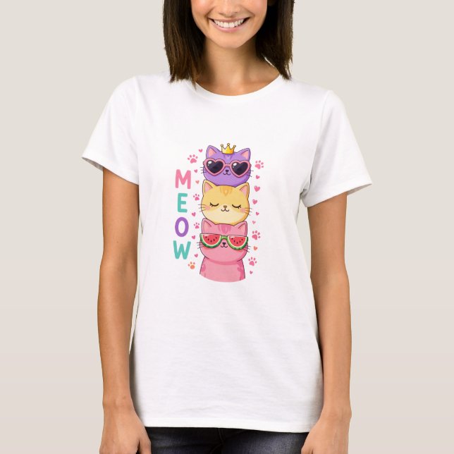Camiseta Cute Kawaii Stacked Cats Sunglasses Meow (Frente)