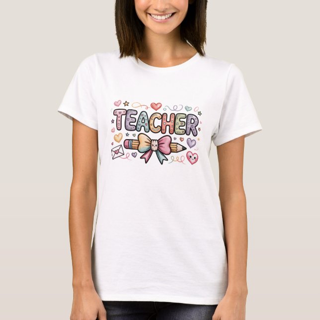Camiseta Cute Kawaii Teacher Pastel Hearts and Pencil Art (Frente)