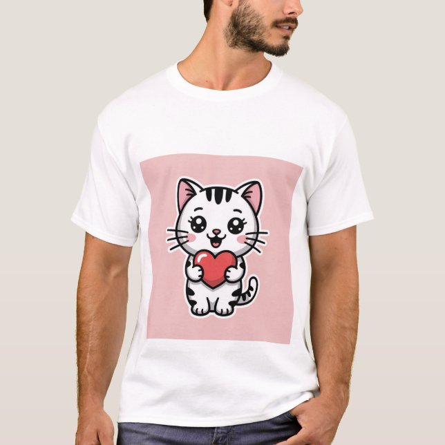 Camiseta Cute Kawaii White Tabby Cat Holding Red Heart ✨❤️ (Frente)