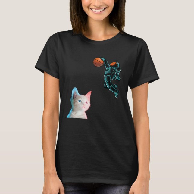 Camiseta Cute Kitten Astronaut Playing Basketball For Cat (Frente)