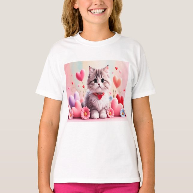 Camiseta Cute kitten hearts flowers (Frente)