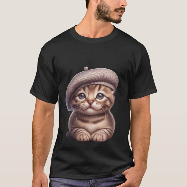 Camiseta Cute Kitten in Grey Beret Artist Cat  ✨🐾🎨 (Frente)