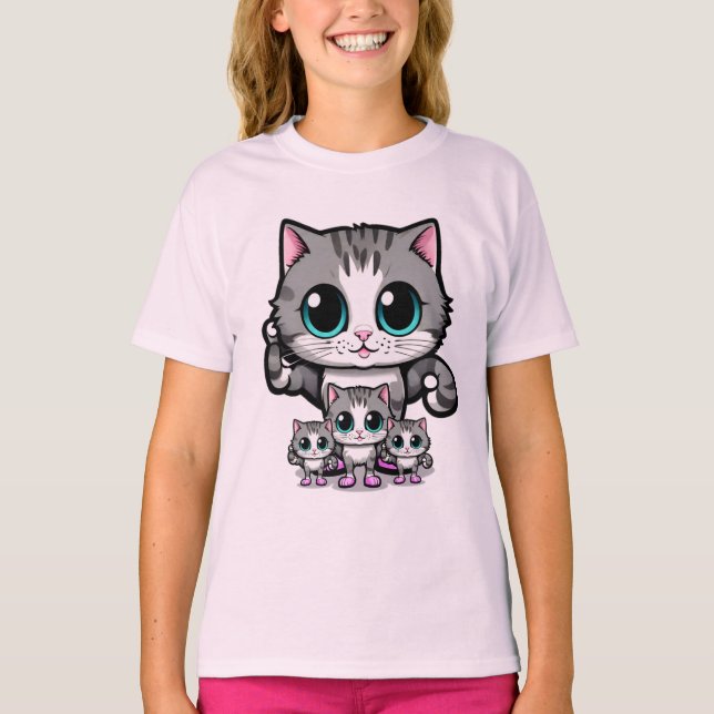 Camiseta Cute Kittens Family Girls T-Shirt Pink Outfit (Frente)