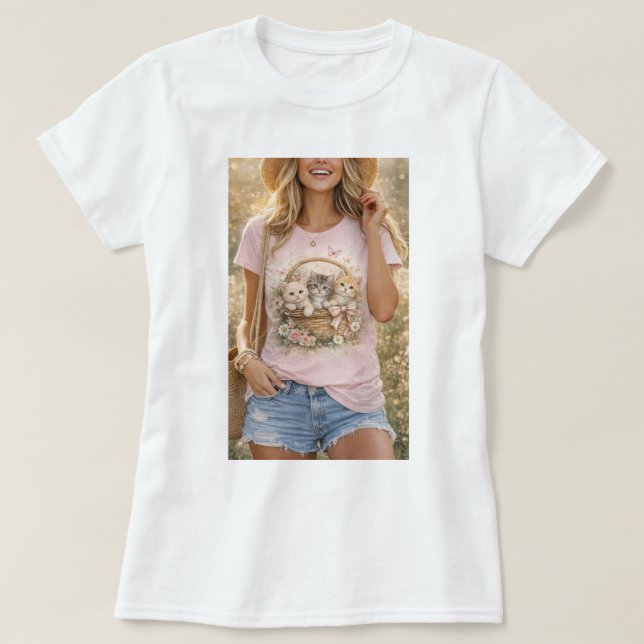 Camiseta Cute Kittens Floral Graphic Girls T-Shirt (Frente do Design)