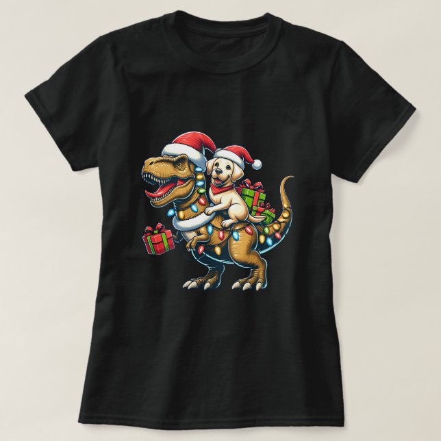 Camiseta Cute Labrador Retriever Puppy Rides TRex em Papais (Frente do Design)