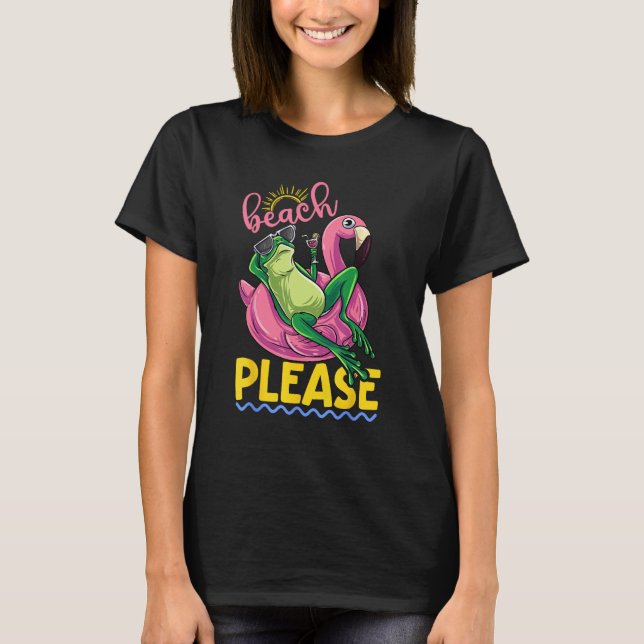 Camiseta Cute Lazy Frog Pink Flamingo Beach Please Summer V (Frente)