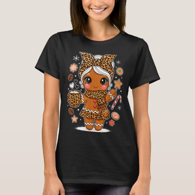 Camiseta Cute Leopard Gingerbread Girl Coquette Bow Holiday (Frente)