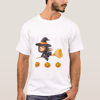 Camiseta Cute Little Witch Flying on Broom Happy Halloween