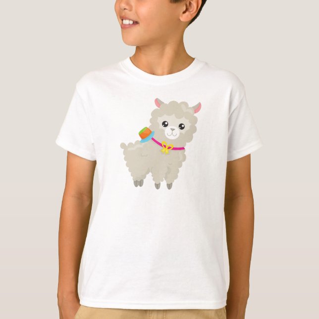 Camiseta Cute Llama, Alpaca, Pequeno Llama, Llama Com Chapé (Frente)