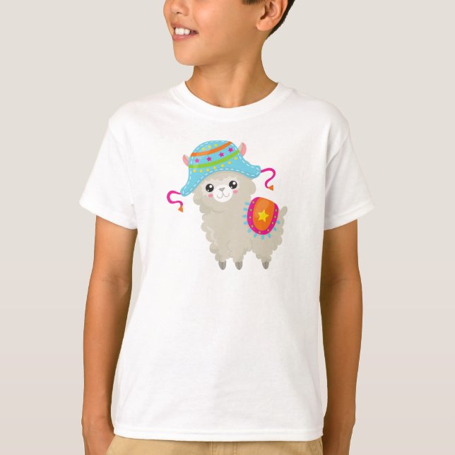 Camiseta Cute Llama, Little Llama, Alpaca, Llama Com Chapéu (Frente)