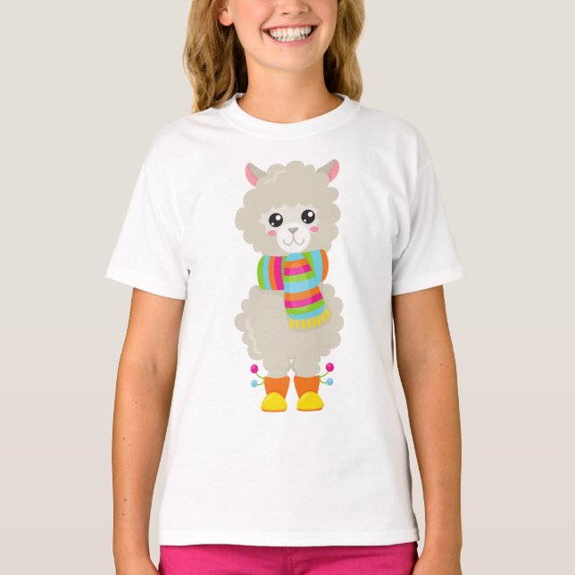 Camiseta Cute Llama, Little Llama, Alpaca, Llama Com Scarf (Frente)