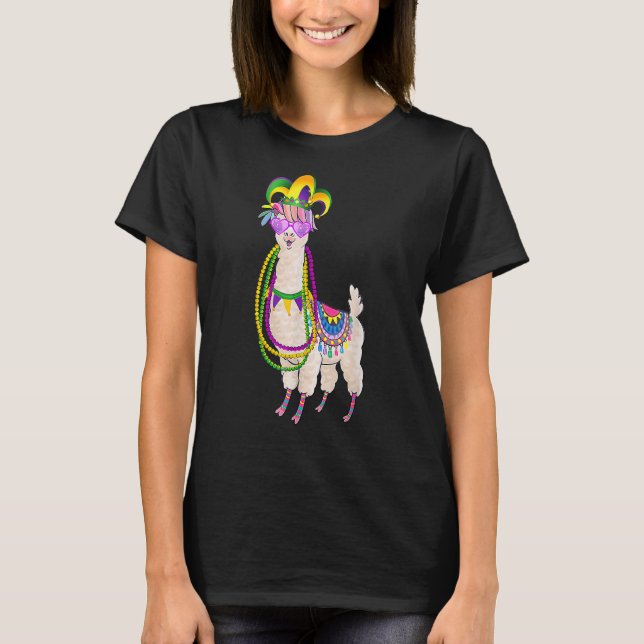 Camiseta Cute Llama Mardi Gras Beads Mask Carnival Party Me (Frente)