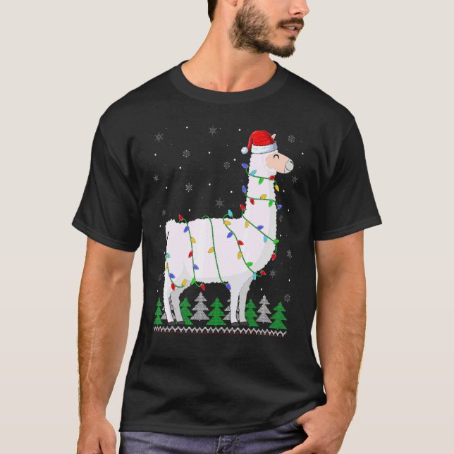 Camiseta Cute Llama Xmas Lights Llama Natal (Frente)
