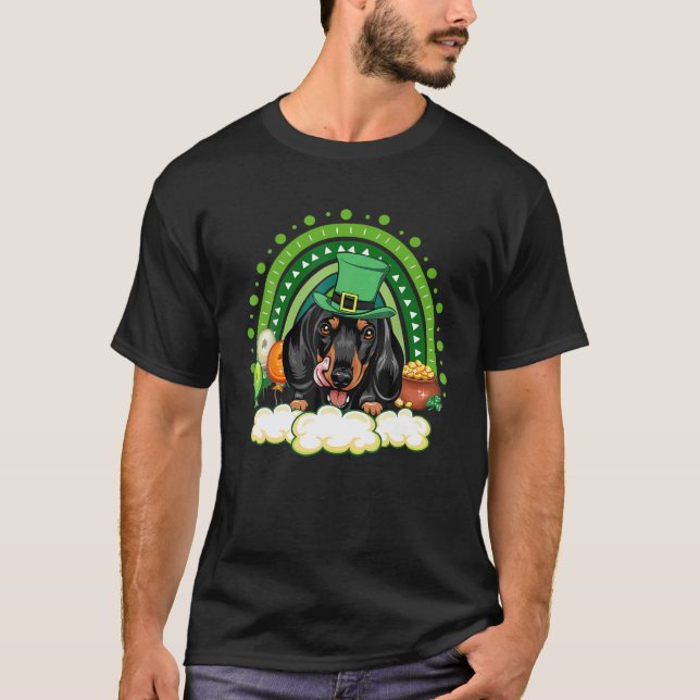 Camiseta Cute Lucky Rainbow Dachshund Shamrock Rua Patrick (Frente)