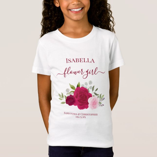 Camiseta Cute Magenta Pink Roses Flower Girl Gift Wedding (Frente)