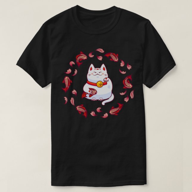 Camiseta Cute Maneki Neko Lucky Cat with Koi Fish  (Frente do Design)