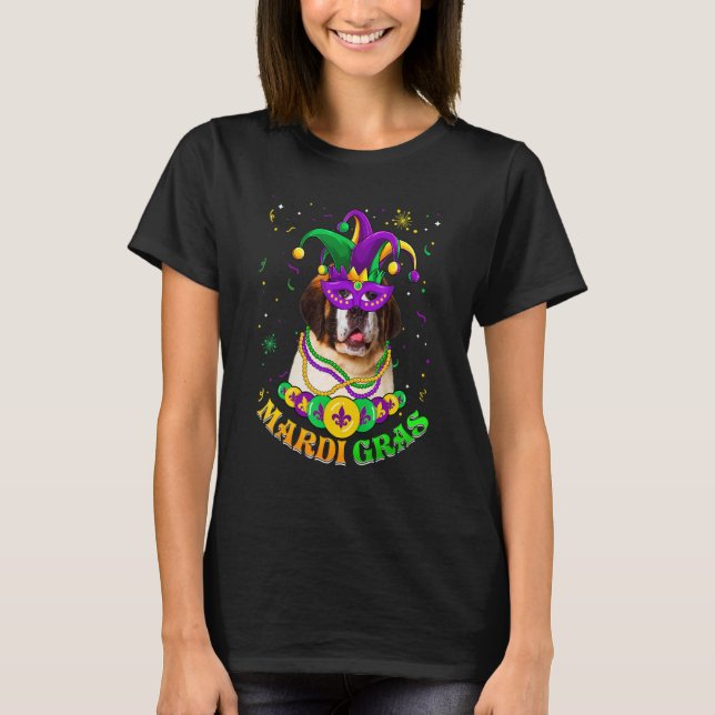 Camiseta Cute Mardi Gras Bernard Dog Dad Dog Mom Mask Beads (Frente)