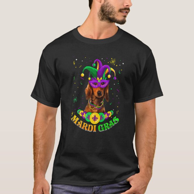 Camiseta Cute Mardi Gras Dachshund Dog Dad Dog Mom Mask Bea (Frente)