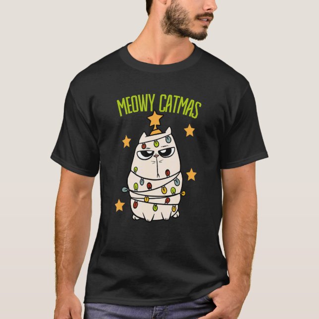Camiseta Cute Meowy Catmas Christmas Cat Tangled Up In Ligh (Frente)
