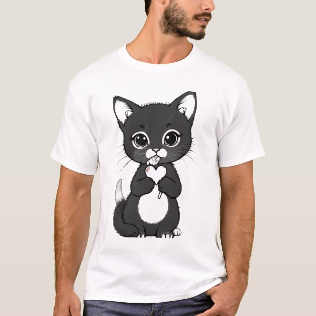 Camiseta Cute Minimalist Kitten Holding Heart and Lollipop (Frente)