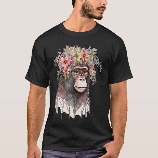 Camiseta Cute Monkey Flower Crown Floral Watercolor (Frente)