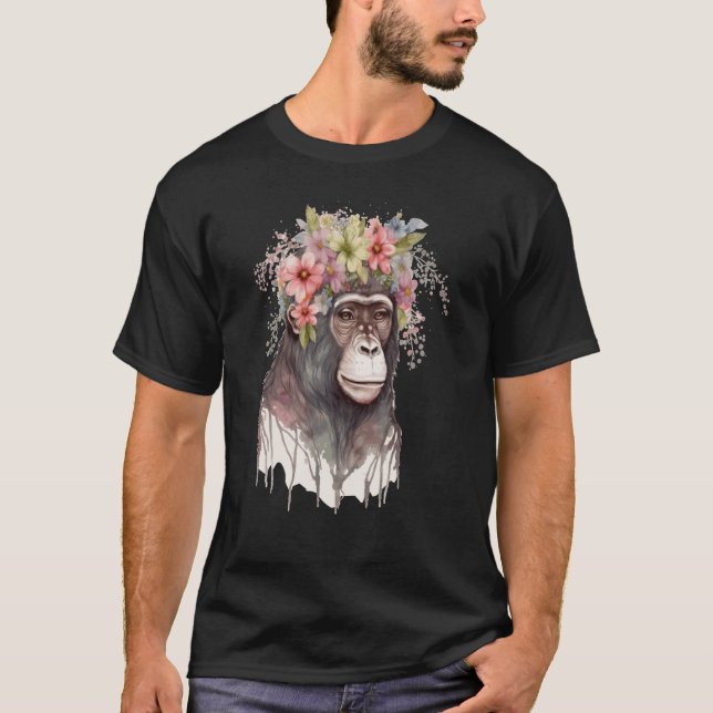 Camiseta Cute Monkey Flower Crown Floral Watercolor (Frente)
