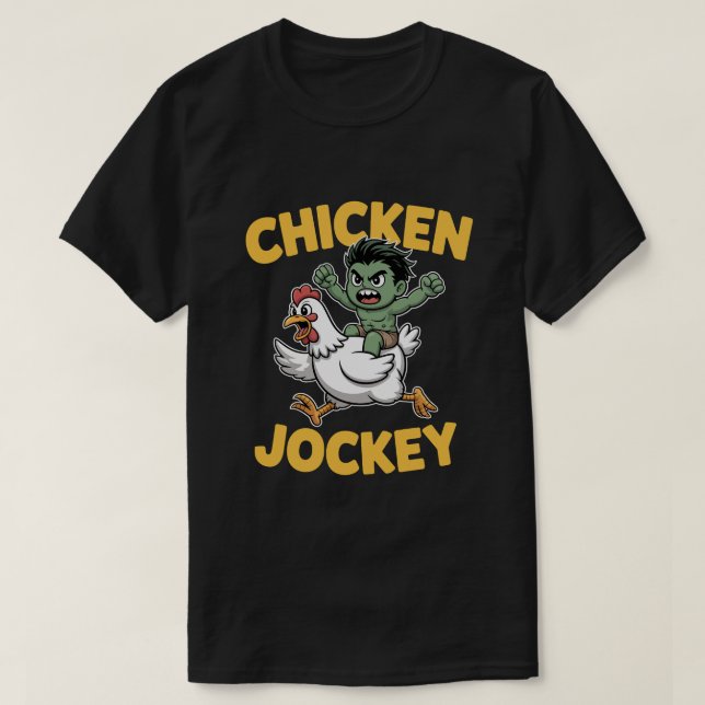 Camiseta Cute Muscular Green Kid Riding Chicken – Chicken J (Frente do Design)