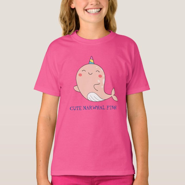 Camiseta Cute Narwhale Fish Unicorn Rainbow sea Aniversário (Frente)
