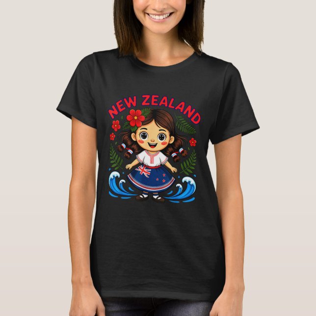 Camiseta Cute New Zealand Girl With Fern And Waves Dor Kids (Frente)