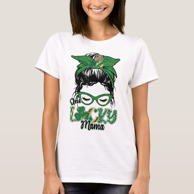 Camiseta Cute One Lucky Mama Messy Bun Happy St Patricks Da (Frente)