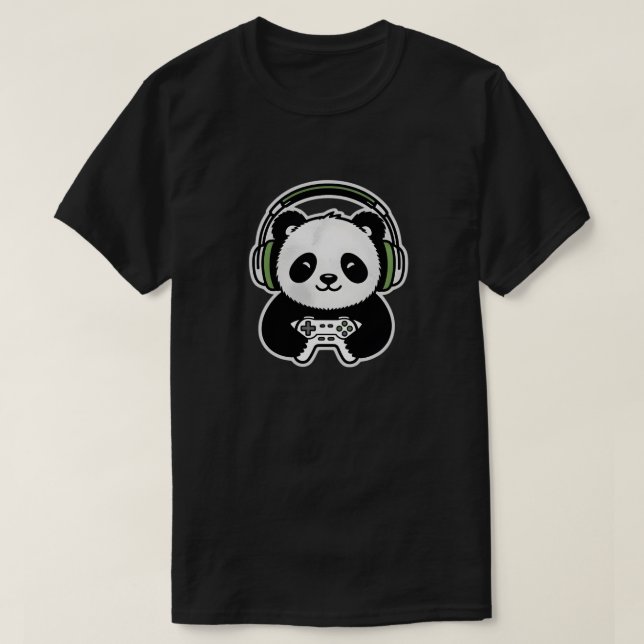 Camiseta Cute Panda Gamer - Kawaii Gaming Panda with Headse (Frente do Design)